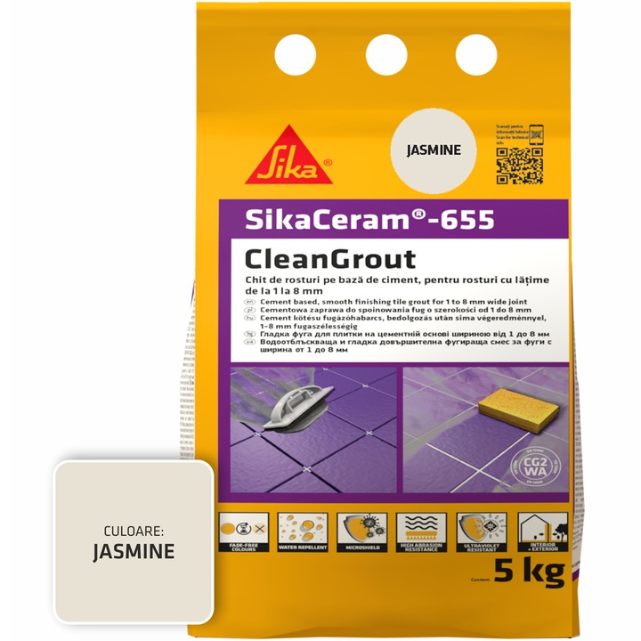 Шпакловка за фуги SikaCeram-655 CleanGrout jasmine, Торба 5 кг, За фуги с ширина между 1 и 8 мм, Употреба на закрито и открито, Жасмин