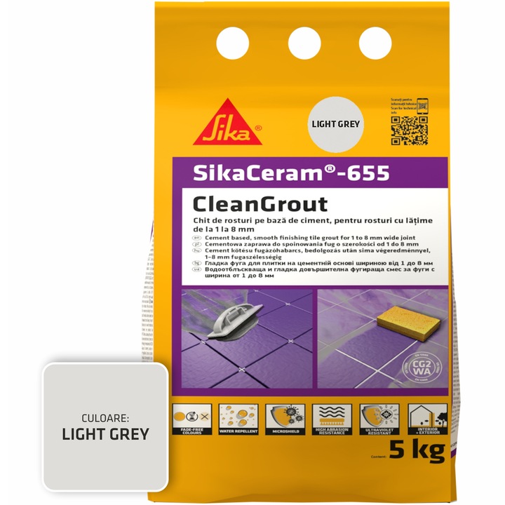 Шпакловка за фуги SikaCeram-655 CleanGrout ligh.grey, Торба 5 кг, За фуги с ширина между 1 и 8 мм, Употреба на закрито и открито, Светлосив