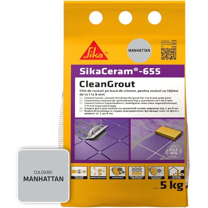 Шпакловка за фуги SikaCeram-655 CleanGrout manhattan, Торба 5 кг, За фуги с ширина между 1 и 8 мм, Употреба на закрито и открито, Пепеляво сиво