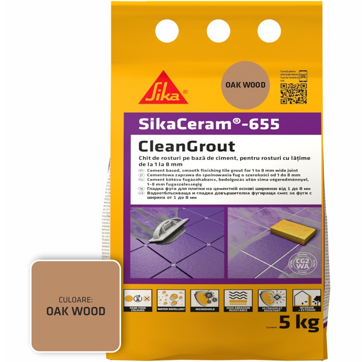 Шпакловка за фуги SikaCeram-655 CleanGrout oak wood, Торба 5 кг, За фуги с ширина между 1 и 8 мм, Употреба на закрито и открито, Дъб