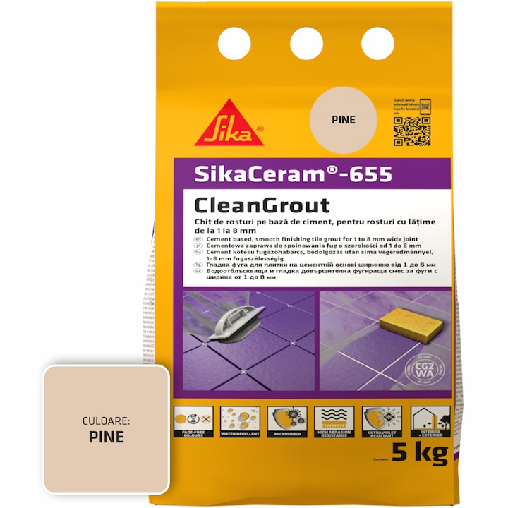 Шпакловка за фуги SikaCeram-655 CleanGrout pine, Торба 5 кг, За фуги с ширина между 1 и 8 мм, Употреба на закрито и открито, Бор