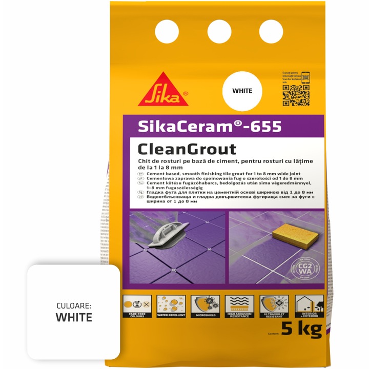 Шпакловка за фуги SikaCeram-655 CleanGrout white, Торба 5KG, За фуги с ширина между 1 и 8 мм, Употреба на закрито и открито, Бял