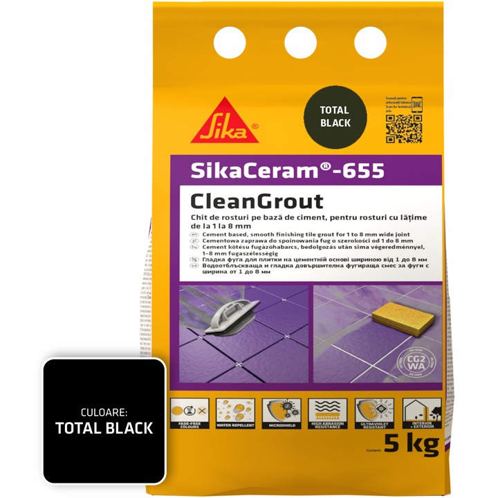 Шпакловка за фуги SikaCeram-655 CleanGrout tot.black, Торба 5 кг, За фуги с ширина между 1 и 8 мм, Употреба на закрито и открито, Черен