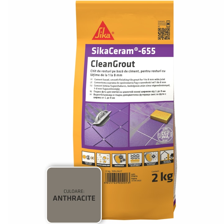 Шпакловка за фуги SikaCeram-655 CleanGrout anthrac, Торба 2 кг, За фуги с ширина между 1 и 8 мм, Употреба на закрито и открито, Антрацит