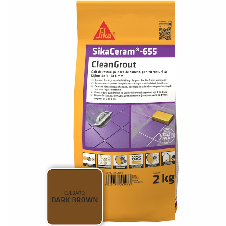 Шпакловка за фуги SikaCeram-655 CleanGrout da.brown, Торба 2 кг, За фуги с ширина между 1 и 8 мм, Употреба на закрито и открито, Тъмнокафяв