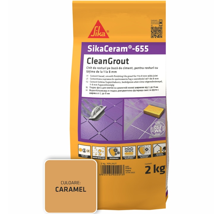 Шпакловка за фуги SikaCeram-655 CleanGrout caramel, Торба 2 кг, За фуги с ширина между 1 и 8 мм, Употреба на закрито и открито, Карамел