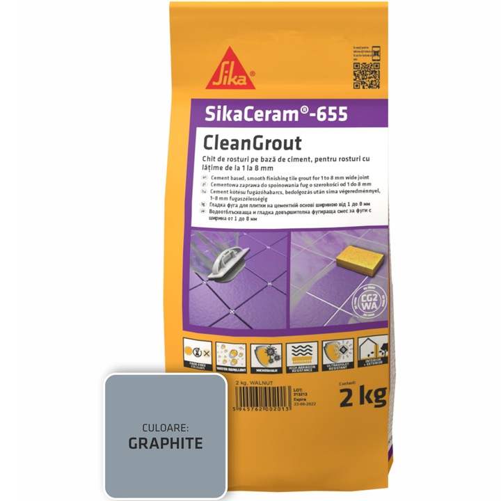 Шпакловка за фуги SikaCeram-655 CleanGrout graphite, Торба 2 кг, За фуги с ширина между 1 и 8 мм, Употреба на закрито и открито, Графит