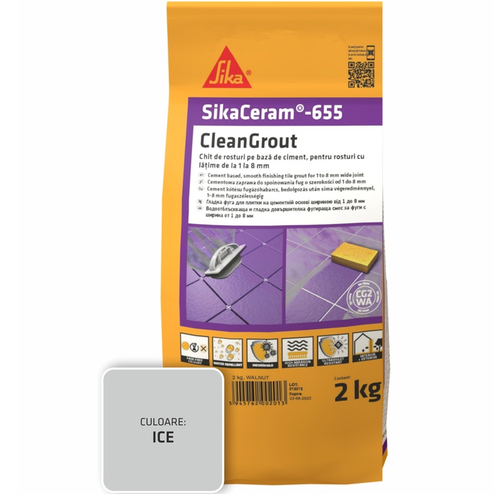 Шпакловка за фуги SikaCeram-655 CleanGrout ice, Торба 2 кг, За фуги с ширина между 1 и 8 мм, Употреба на закрито и открито, Ледено сиво
