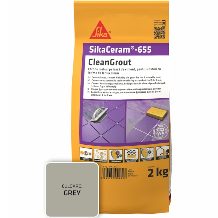 Шпакловка за фуги SikaCeram-655 CleanGrout grey, Торба 2 кг, За фуги с ширина от 1 до 8 мм, Употреба на закрито и открито, Сив