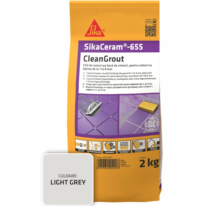 Шпакловка за фуги SikaCeram-655 CleanGrout lig.grey, Торба 2 кг, За фуги с ширина между 1 и 8 мм, Употреба на закрито и открито, Светлосив