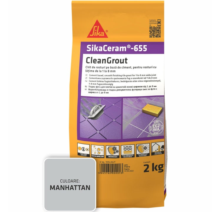 Шпакловка за фуги SikaCeram-655 CleanGrout manhatt, Торба 2 кг, За фуги с ширина между 1 и 8 мм, Употреба на закрито и открито, Пепеляво сиво