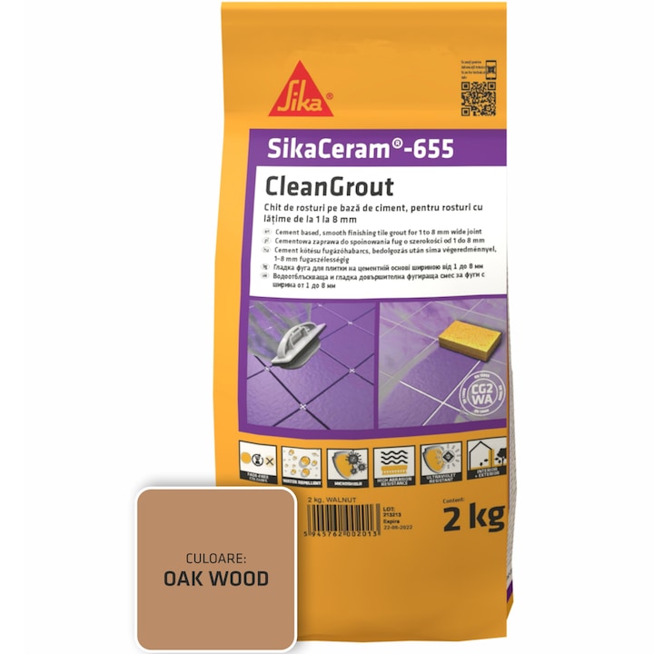 Шпакловка за фуги SikaCeram-655 CleanGrout oak wood, Торба 2 кг, За фуги с ширина между 1 и 8 мм, Употреба на закрито и открито, Дъб