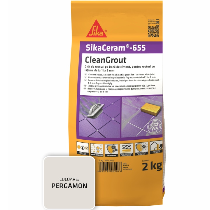 Шпакловка за фуги SikaCeram-655 CleanGrout pergamon, Торба 2 кг, За фуги с ширина между 1 и 8 мм, Употреба на закрито и открито, Светлокремав