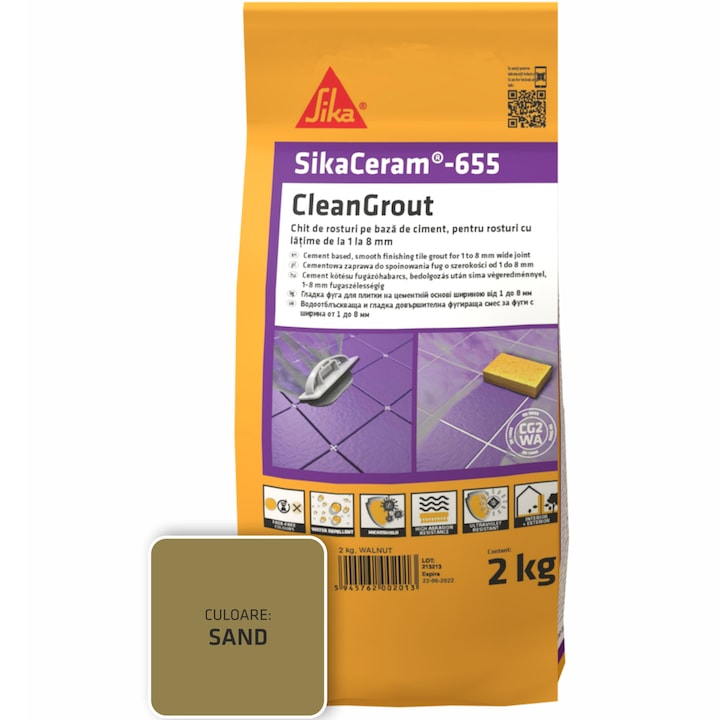 Шпакловка за фуги SikaCeram-655 CleanGrout sand, Торба 2 кг, За фуги с ширина между 1 и 8 мм, Употреба на закрито и открито, Пясък