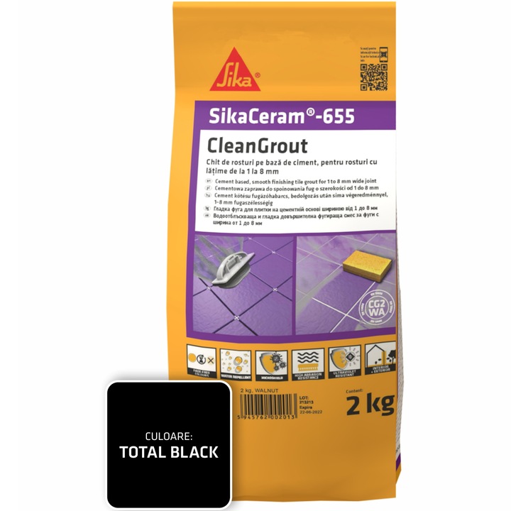 SikaCeram-655 CleanGrout to.black, Торба 2 кг, За фуги с ширина между 1 и 8 мм, Употреба на закрито и открито, Черен