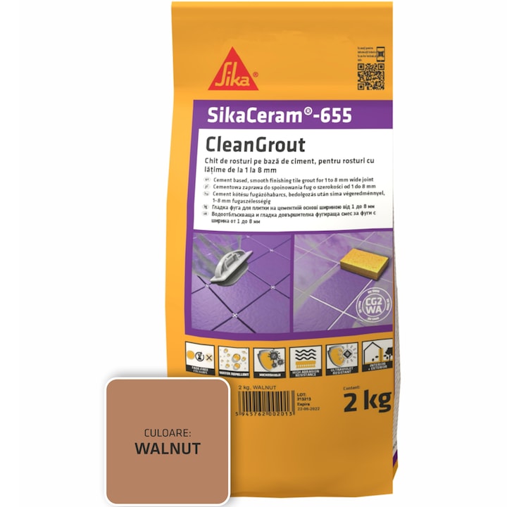 Шпакловка за фуги SikaCeram-655 CleanGrout walnut, Торба 5KG, За фуги с ширина между 1 и 8 мм, Употреба на закрито и открито, Орех