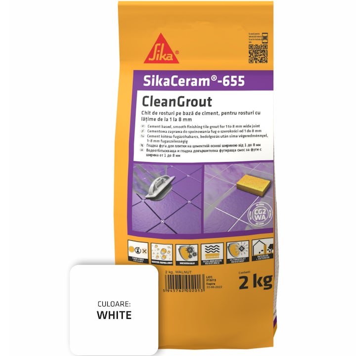 Шпакловка за фуги SikaCeram-655 CleanGrout white, Торба 2KG, За фуги с ширина от 1 до 8 мм, Употреба на закрито и открито, Бял
