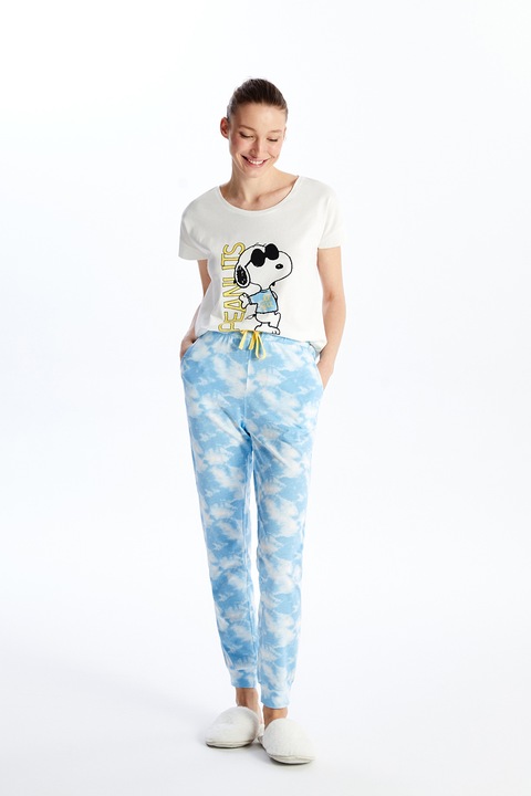 LC WAIKIKI, Pijama cu pantaloni cu imprimeu Peanuts, Alb/Galben/Albastru