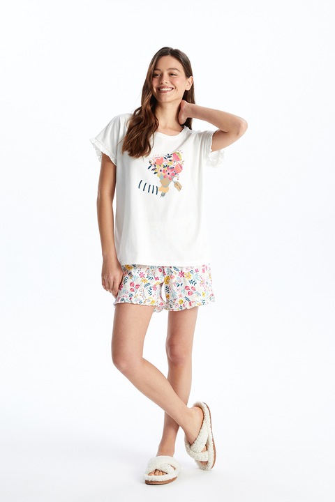 LC WAIKIKI, Pijama cu pantaloni scurti si model floral, Multicolor, XL