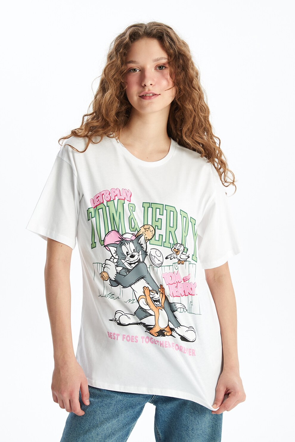 LC WAIKIKI, Tricou de bumbac cu imprimeu cu desene, Verde, Alb