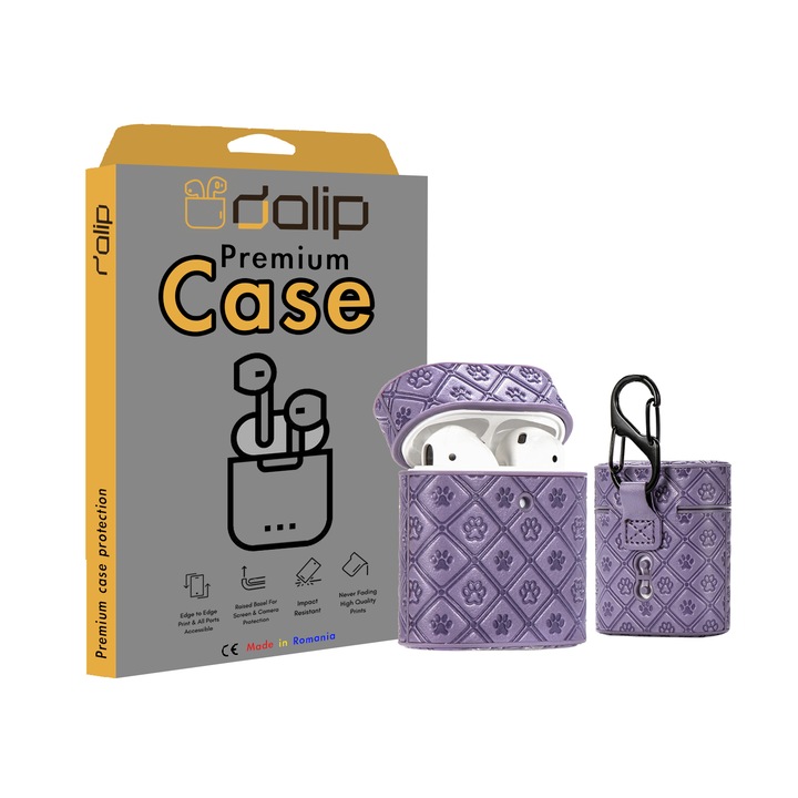 Husa pentru Apple AirPods1/2, Dalip PawPrint, Piele Eco, Violet