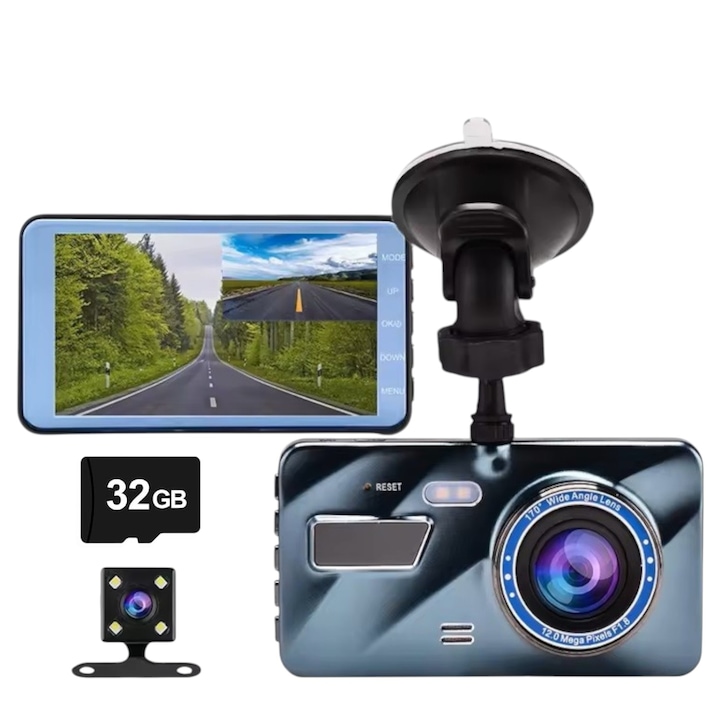 Camera Auto De Bord LONDEMM Full HD 1080P, Card De Memorie SD Premium 32GB Inclus, Camera Marsarier, Display 4 Inch, Touch Screen, Unghi De Inregistrare ultra-larg 170°, Vedere Nocturna, Inregistre In Bucla, Senzor G, Detectarea Miscarii, Albastru