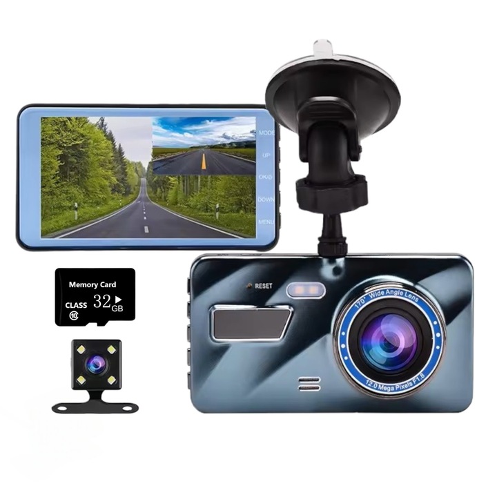 Видеорегистратор LONDEMM Full HD 1080P, включена 32GB Premium SD карта с памет, камера за заден ход, 4-инчов дисплей, сензорен екран, ултраширок ъгъл на запис 170°, нощно виждане, циклични записи, G сензор, детекция на движение, син