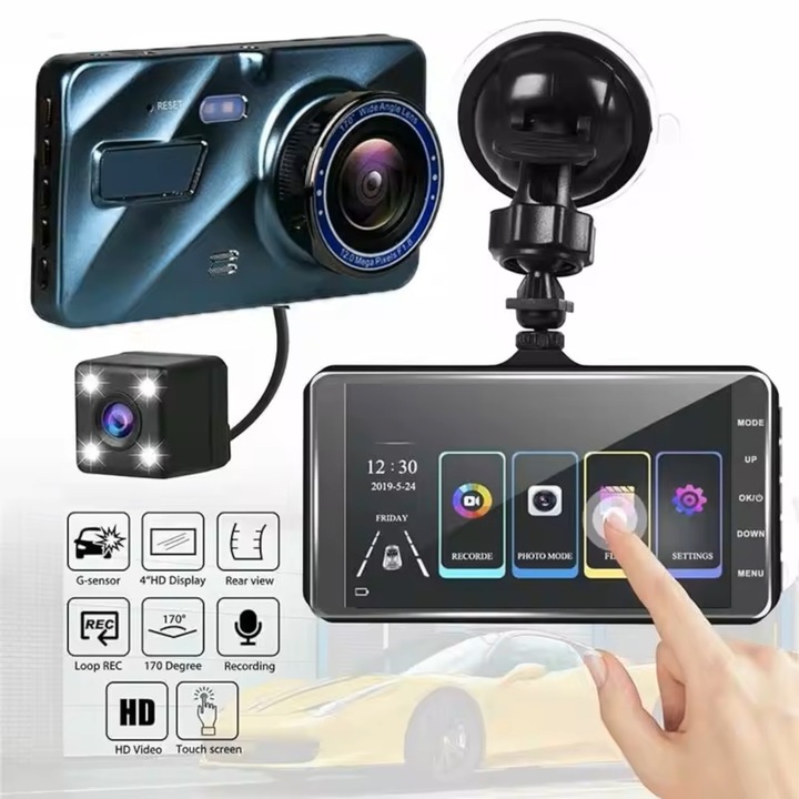 LONDEMM Full HD 1080P autós kamera, 32 GB-os Premium SD memóriakártya, hátrameneti kamera, 4 hüvelykes kijelző, érintőképernyő, rendkívül széles, 170°-os felvételi szög, éjszakai látás, hurokfelvételek, G-érzékelő, mozgásérzékelés, kék