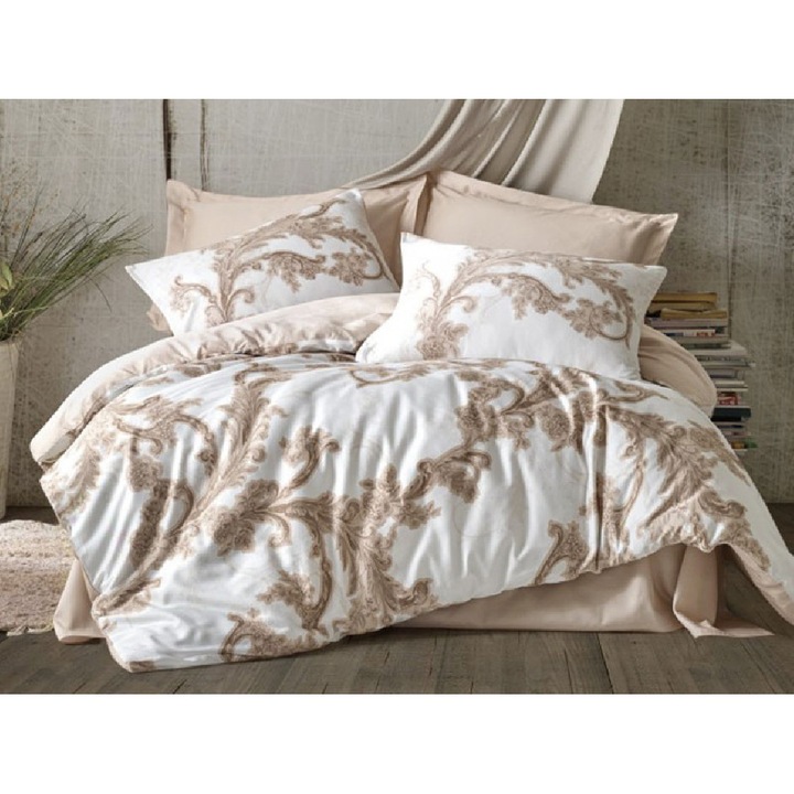 Set Lenjerie de Pat Dublu, Cottonbox, Model 6003, Bumbac 100% Satinat, 6 piese