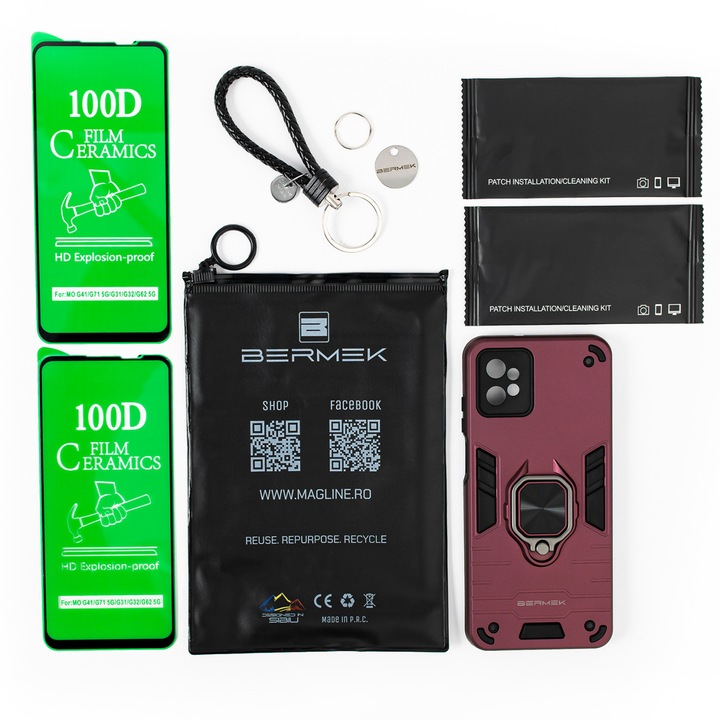 Капак за Motorola G32, Bermek, противоударен капак - 2x Фолио за телефон, Visiniu