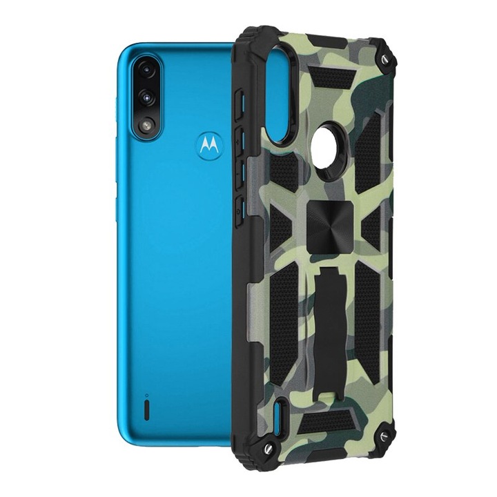 Husa de protectie compatibila cu Motorola Moto E7 Power/Moto E7i Power, Blazor Series, suport tip stand magnetic, TPU, Camo Lime, Verde-Negru