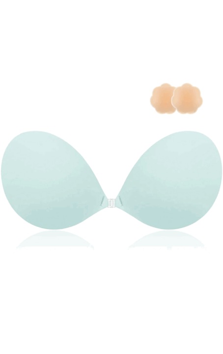 Sutien adeziv Niidor Macaron, invizibil, lipicios, fara bretele, push-up, reutilizabil, din silicon, pentru rochie fara spate, cu capace pentru sfarc, verde deschis, cupa A, YUBF