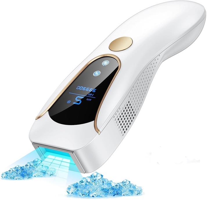 Xenomo® SHINE PRO IPL епилатор, За окончателно безболезнено обезкосмяване, IPL технология, 9 нива на интензивност, 999 999 импулса, 3 режима на използване, За жени и мъже, лице, тяло, подмишници, слабини, Сензор за кожа, Бял