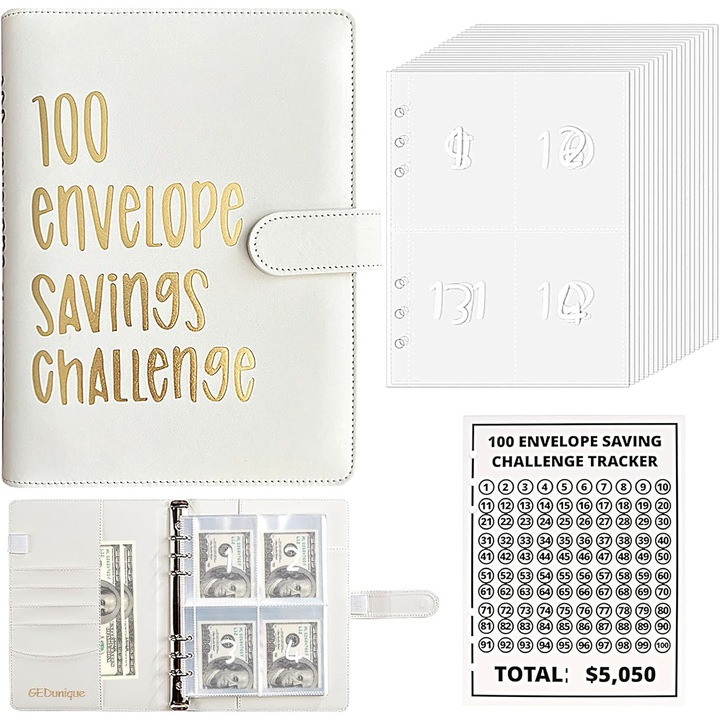 Комплект от 100 плика за спестяване на пари, A5, бял, 9x7 инча, с 25 джоба и ламиниран тракер