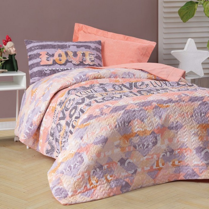 Капитониран комплект завивки, чаршаф и калъфка, памучна кутия, модел 32251, за легло за 1 човек, 180 х 230 см, прахово розово