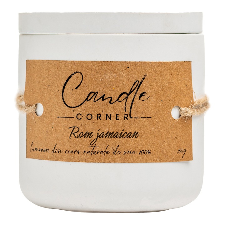 Lumanare parfumata handmade din ceara naturala de soia 100%, aroma Rom Jamaican, Recipient ceramic alb, 150 g