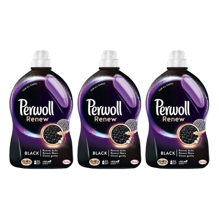 Set 3 x Perwoll Detergent Lichid 4.4L Renew Black Fiber 80 Spalari, ingrijire delicata a tesaturilor, protectie impotriva uzurii, protectie impotriva calcarului, alergeni redusi, tehnologie anti-miros