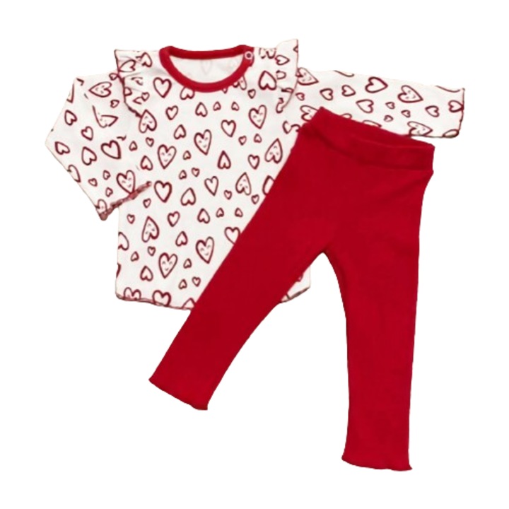 Compleu 2 piese, bluza alba cu inimioare, colanti rosii