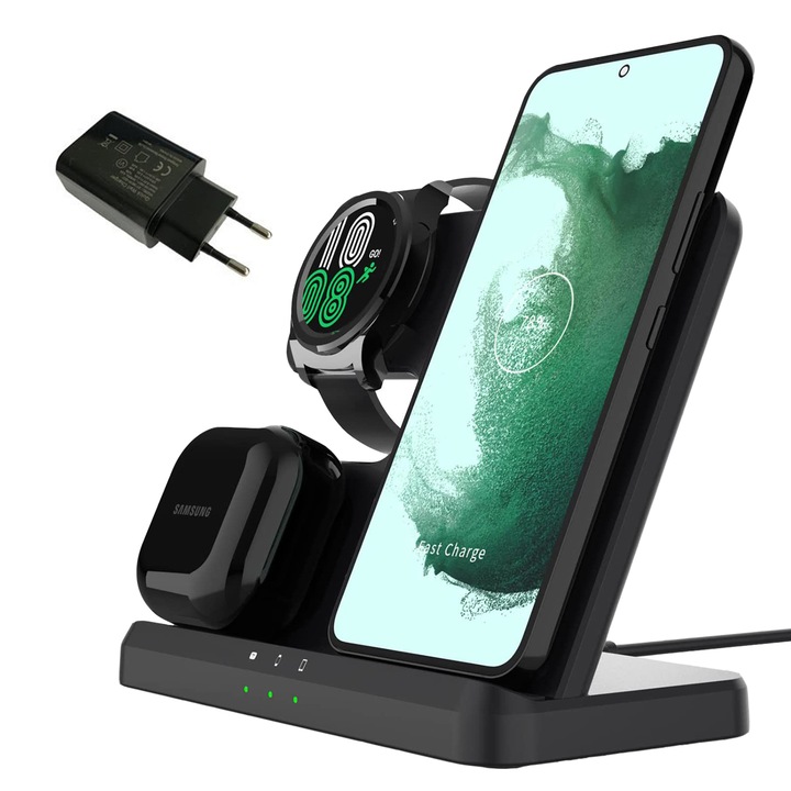 Incarcator wireless 3 in 1, Ville Pres Secs，incarcare rapida 15W, compatibil Apple Watch, Airpods, iPhone, Android