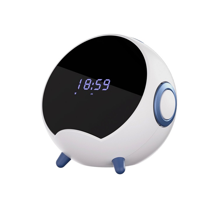 SMART bluetooth високоговорител, JESWO®, Bluetooth 5.1, син LED, с огледало и будилник, функция за безжично зареждане с държач за телефон, възпроизвеждане от карта с памет, стик памет, 3000mAh, бяло/синьо