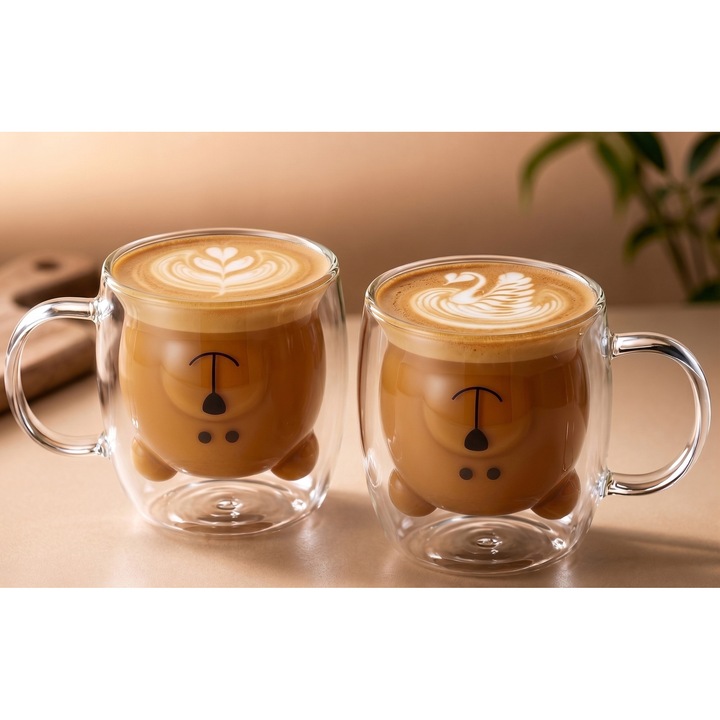 Set 2 cani in forma de ursulet din sticla termorezistenta, Aurov®, pereti dubli, pentru ceai si cafea, 260ml, Transparenta