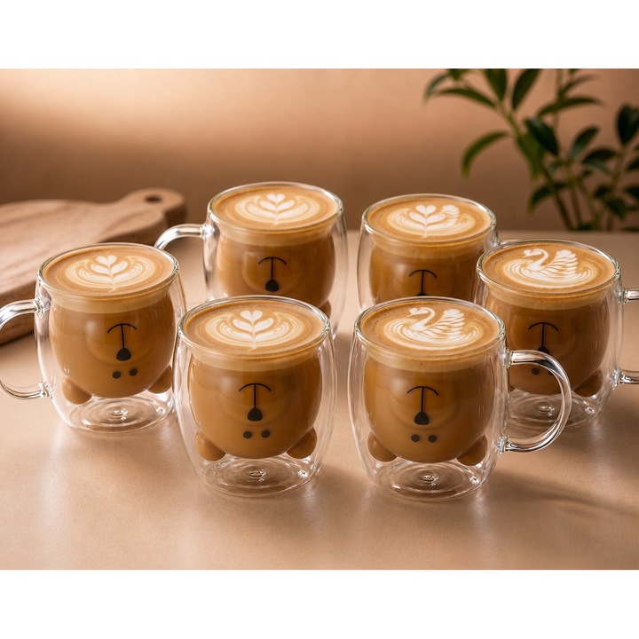 Set 6 cani in forma de ursulet din sticla termorezistenta, Aurov®, pereti dubli, pentru ceai si cafea, 260ml, Transparenta