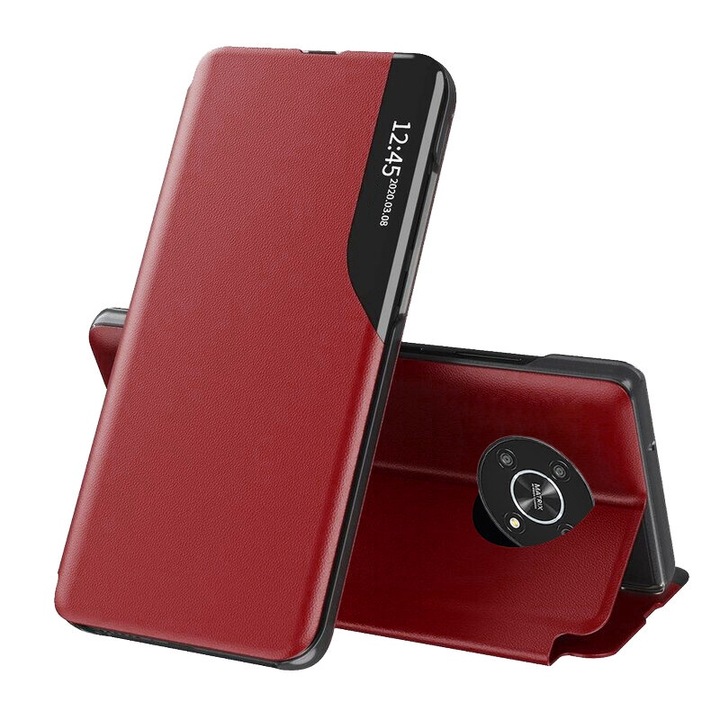 Защитен флип капак, съвместим с Honor Magic 4 Lite 5G, eFold, екологична кожа, червен