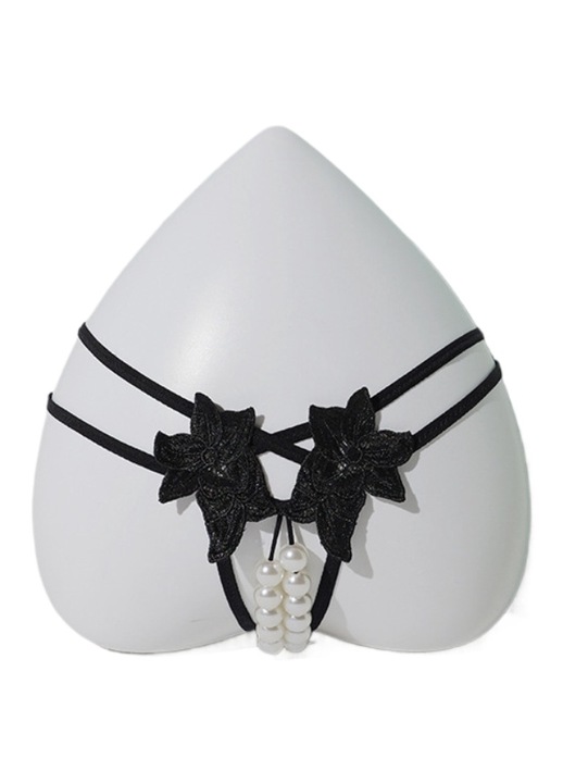 Kétsoros gyöngyös tangával kivágott szexi bugyi, nylon, fekete