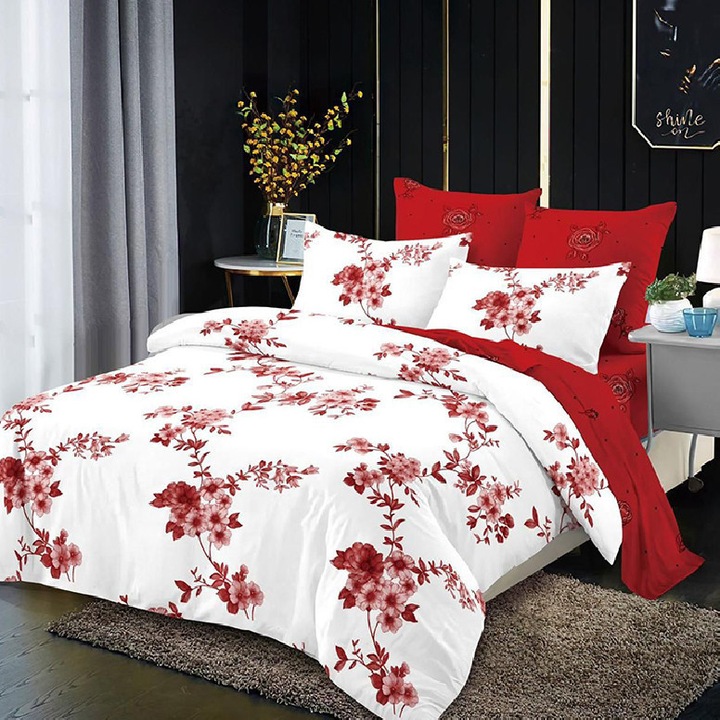 Set Lenjerie de Pat Dublu, Model 44896, Finet, 6 Piese, Cearsaf pat cu elastic