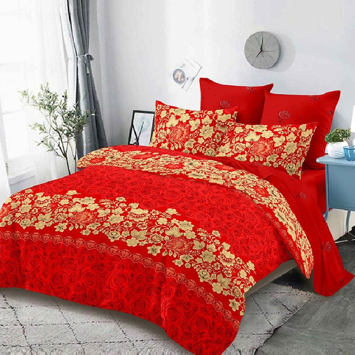 Set Lenjerie de Pat Dublu, Model 45214, Finet, 6 Piese, Cearsaf pat cu elastic