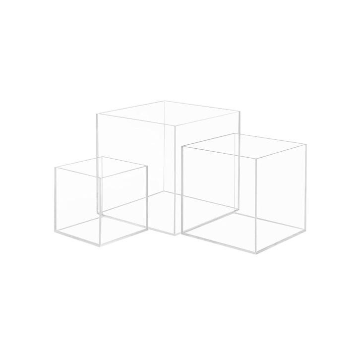 Set de 3 cupole din acrilic, Belle Vous, in 3 dimensiuni diferite, pentru expunerea figurinelor, bijuteriilor sau obiectelor de colectie, 13 cm, 10 cm si 7 cm, Transparent