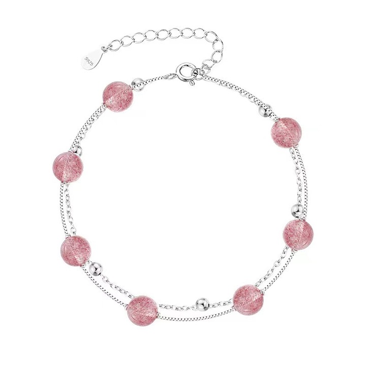 Bratara cu cristal de capsuna roz, cupru, 16cm+5.5cm, Roz