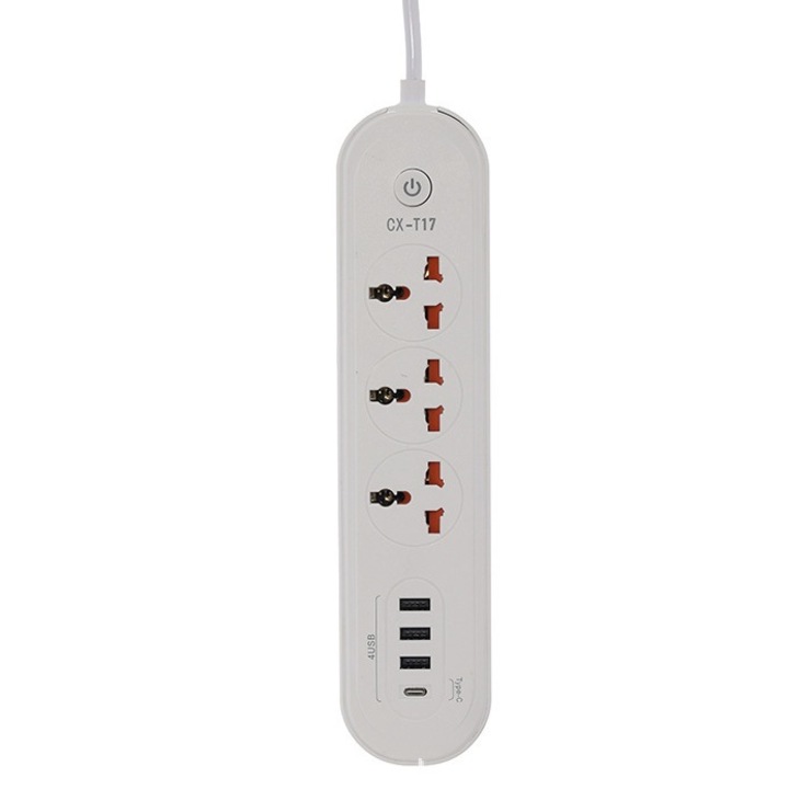 Prelungitor Incarcare Rapida, 3 Prize Compatibile US/EU/UK, 4 USB - 1 Type C, Buton ON/OFF, Lungime Cablu 2 m, Alb Cocos, Madette Line