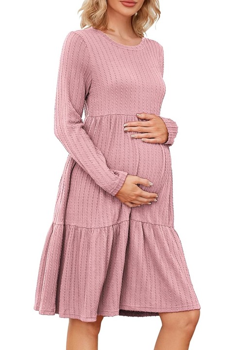 Rochie roz de maternitate pentru femei, din tricot cu nervuri, decolteu si maneca lunga, marime s, MAVIS LAVEN